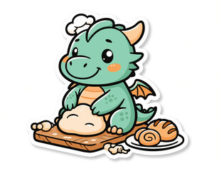Fototapeta premium A cute green dragon baker rolls dough on a wooden board with pastries.