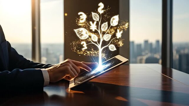 Businessman using tablet with holographic money tree growth concept for financial investment and digital banking strategy