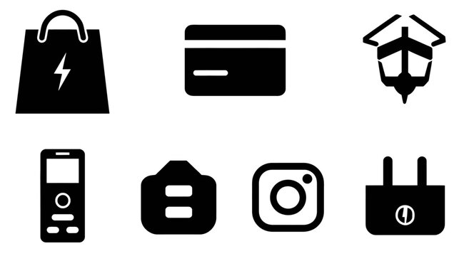 Modern Digital Technology Icons: E-commerce, Online Shopping, Credit Card, 3D Printing, Mobile Phone, Photography Camera, Power Plug.