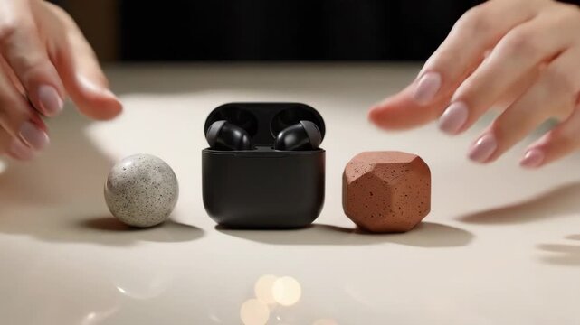 Creative studio flow with black wireless earbud case and hand holding geometric stone shapes near smooth design earbuds on table