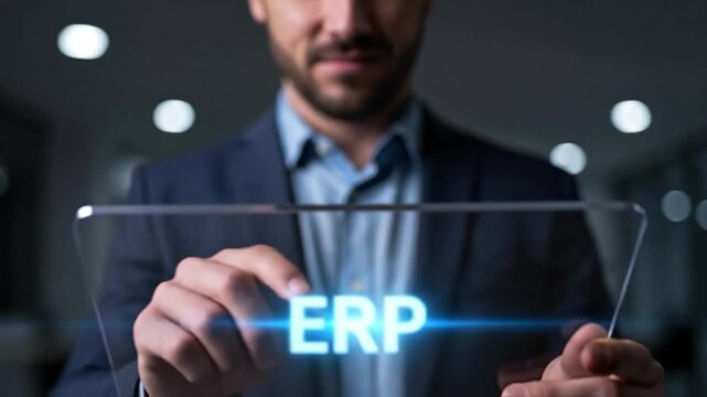 Businessman Using ERP Software Interface for Enterprise Resource Planning and Digital Business Management Strategy