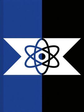 Notebook cover design displays cobalt and black colors with a central atom shape and a geometric bridge, suitable for school use in STEM subjects.