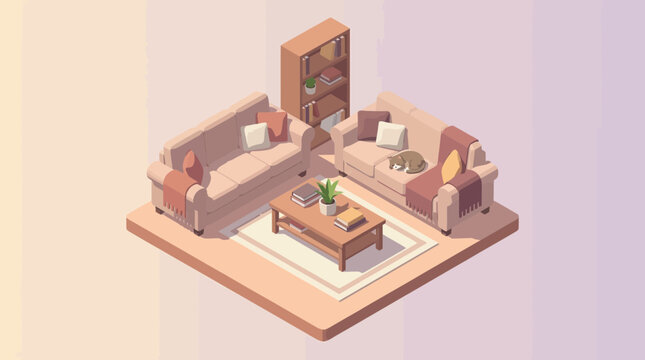Cozy Isometric Living Room with Sofas, Bookshelf, and Sleeping Cat