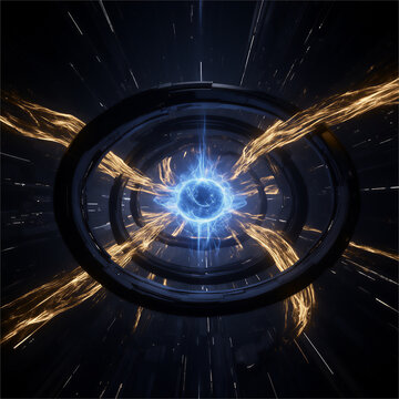 Futuristic Multiverse Portal with Central Plasma Sphere and Rotating Metallic Rings in Deep Space