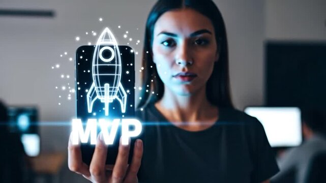 Young woman holding smartphone with glowing MVP rocket graphic for startup business development and product launch strategy