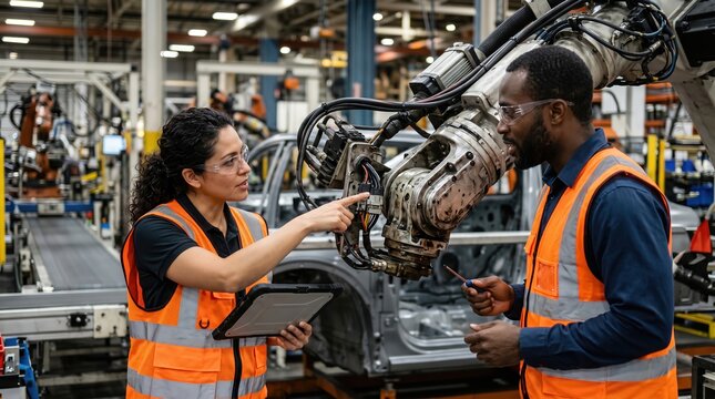Diverse male and female engineers inspecting robotic arm in automotive factory. Industrial workers with tablet discussing maintenance on car assembly line. Smart manufacturing and automation concept