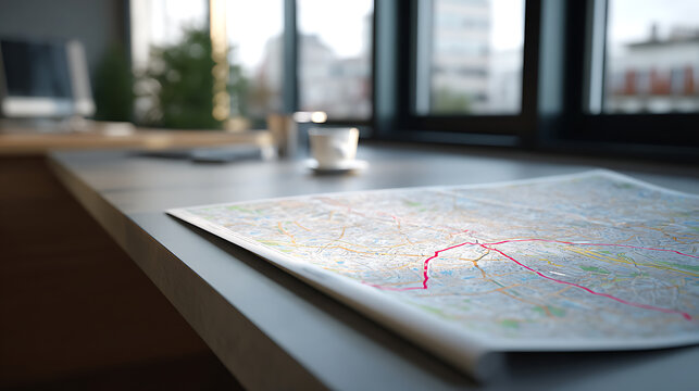 Road map with a highlighted route on a wooden table, offering a sense of direction, travel, and adventure, set in a modern office space
