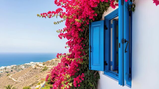 Mediterranean Bliss: A vibrant bougainvillea vine bursts with pink blossoms, cascading over a whitewashed wall beside an open azure blue shuttered window.