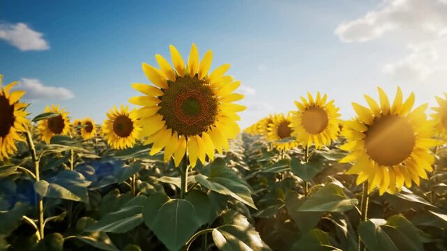 Vibrant sunflower field under golden hour sunlight: nature landscape for summer backgrounds and environmental concepts