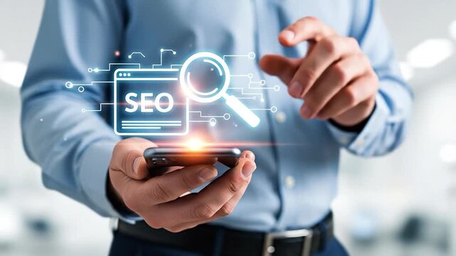 Businessman holding smartphone with digital SEO search engine optimization icon for marketing strategy and web growth