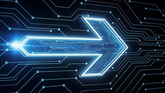 Digital Arrow Forward: A glowing blue arrow, rendered with circuit board patterns, streaks forward symbolizing digital progress, innovation, and technological advancement.