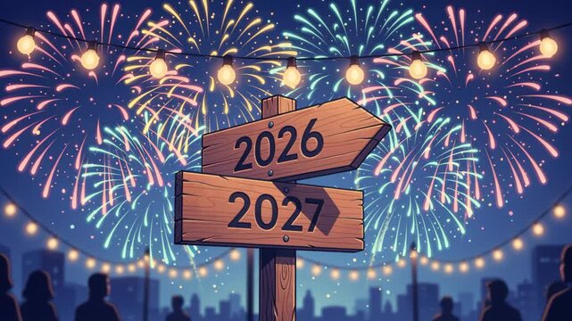 New Year's Eve Celebration 2027: A wooden signpost points towards the future, indicating the year 2027, while vibrant fireworks light up the night sky, symbolizing a grand New Year's Eve celebration.