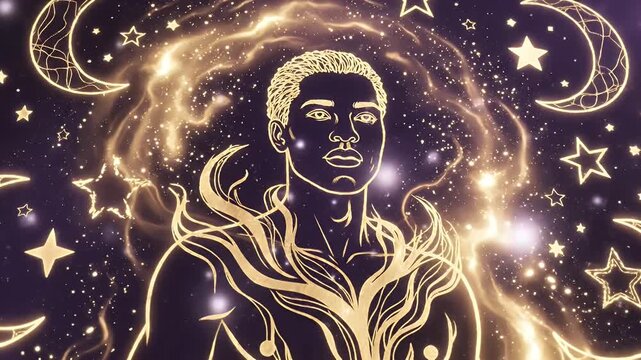 Mystical, glowing astral figure surrounded by moons, stars, and celestial rings