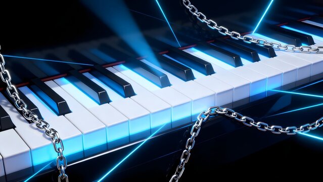 Piano keys with chains and blue lights