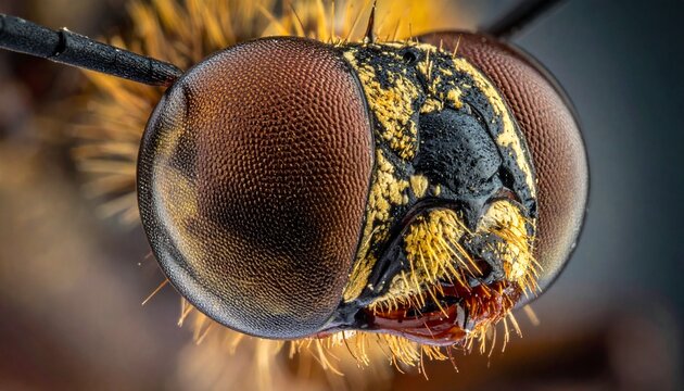 Extreme Close-Up of a Hoverflys Compound Eyes and Facial Details.