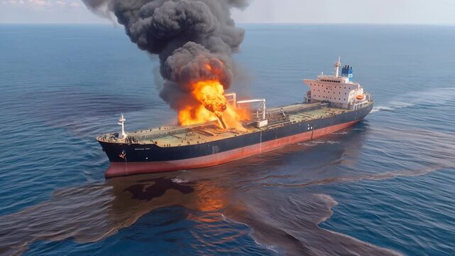 Oil tanker burning at sea with massive smoke plume and surface spill. Wide aerial view.