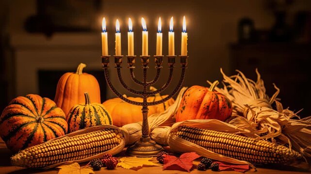 Chanukah Harvest Still Life: A festive Chanukah menorah with glowing candles is adorned with a bountiful harvest of pumpkins, gourds, and corn.
