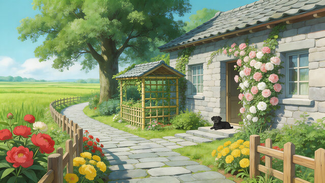 Stone house with dog and garden path