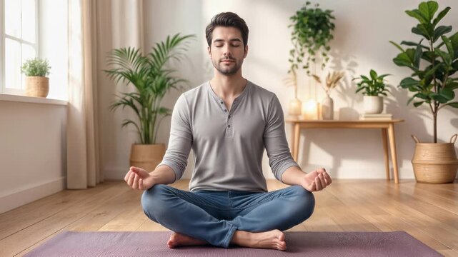 Peaceful man practicing meditation in lotus pose at home. Calm male sitting on yoga mat with closed eyes in bright living room. Lockdown wide shot.