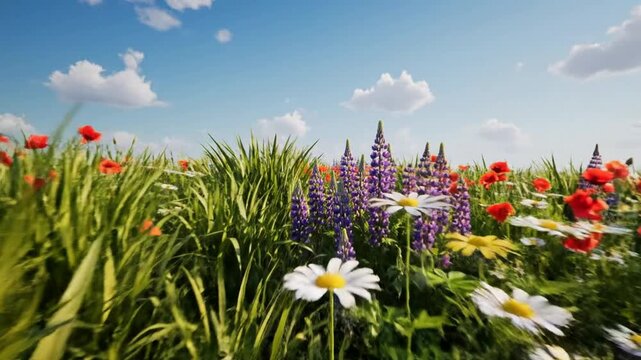 Vibrant wildflower meadow with poppies and lupines in sunny springtime summer