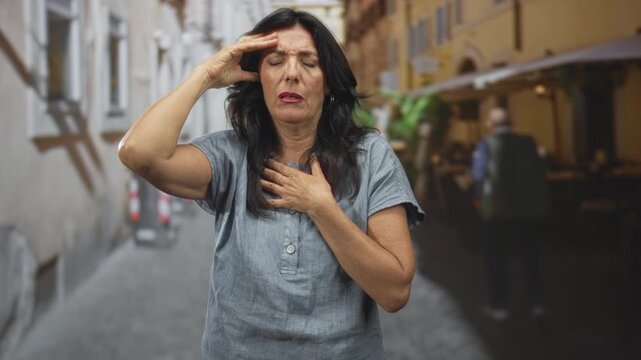 Middle aged woman clutching chest with one hand and pressing forehead with the other in a street cafe alley, eyes closed and appearing faint; distress.