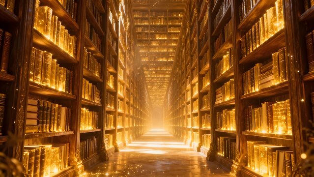 Long library corridor with glowing books