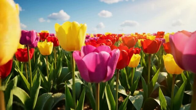 Vibrant colorful tulip field in full bloom under bright sunny spring sky tulips flower field blooming
