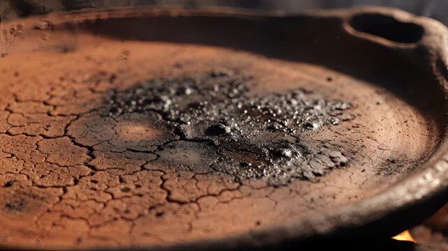Close up of hand sifting through dark soil and debris in a pan.
