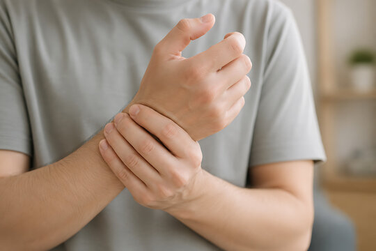 Person experiencing wrist pain or discomfort in a room