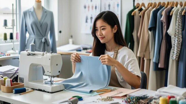 Creative Seamstress at Work: A focused young woman, a talented designer or seamstress.