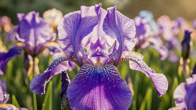 Purple iris flower in full bloom with morning dew drops in a sunny garden purple flower spring floral