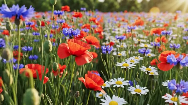 Vibrant wildflower meadow with red poppies, blue cornflowers, and daisies in golden sunlight