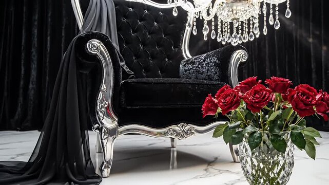 Opulent black velvet-draped living room with a silver tufted chaise, crystal chandelier, and a bouquet of crimson roses