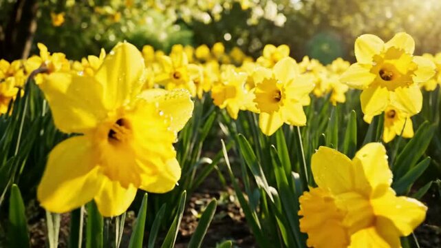 Vibrant yellow daffodils blooming in spring garden with golden sunlight flare spring flowers narcissus