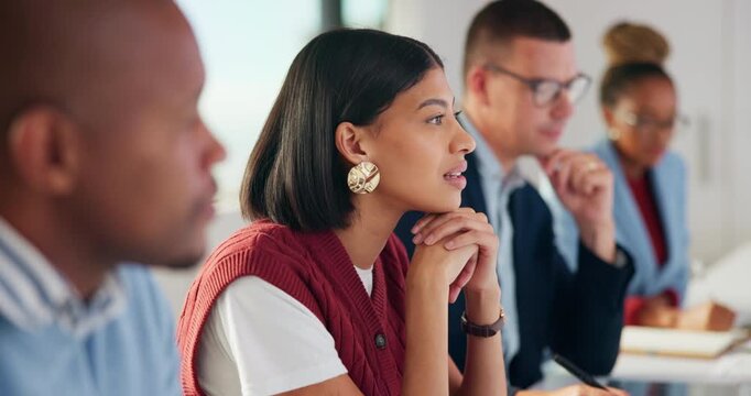 Business, woman and listen with staff in seminar for discussion, training intern and career growth. Group, people and employees in meeting for coaching, corporate presentation and upskill development