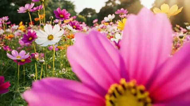 Vibrant cosmos flower field in golden hour sunlight, summer meadow background, cinematic floral nature scene