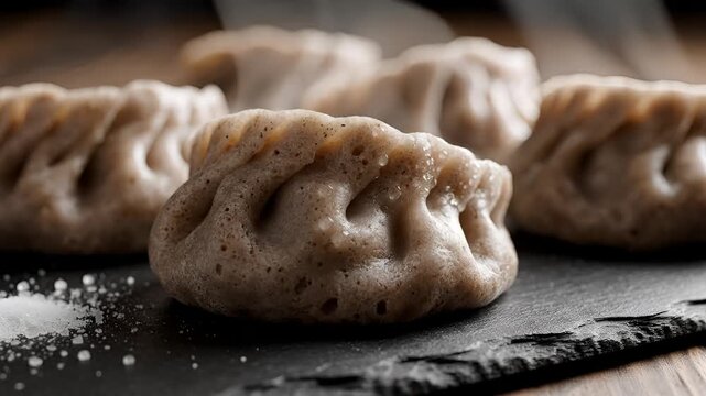 Delicious Steamed Dumplings Served on a Dark Slate Plate Closeup.