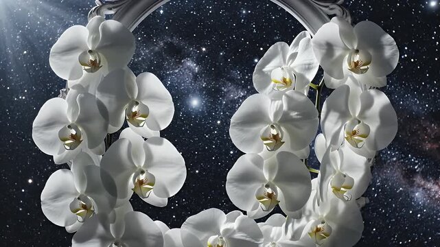 Orchid White Phalaenopsis Flower Ring Crown Set Against Vast Starry Space Backdrop for Artistic Floral Cosmos Theme