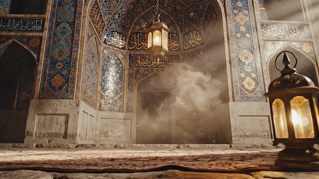 Ornate blue-tiled Islamic courtyard at night illuminated by a solitary floor lantern amidst archways and mosaics