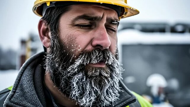 Middle Aged Male Construction Worker with Frosty Beard Working in Extreme Cold Winter Conditions