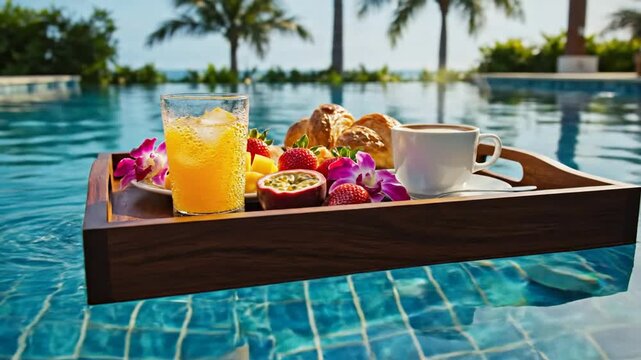 Floating breakfast tray with tropical fruit and coffee in luxury infinity pool at tropical resort luxury travel