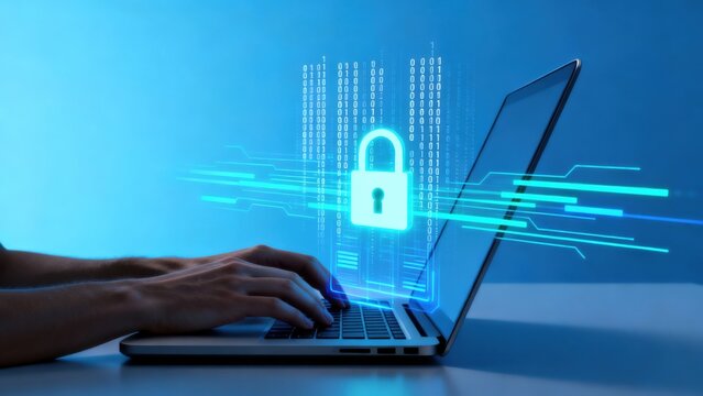 Hands typing on laptop with digital lock