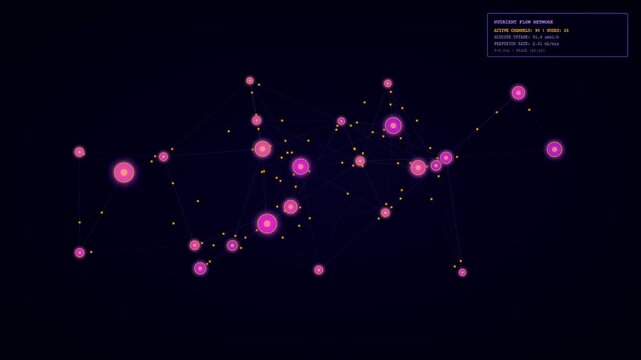 Data science visualization showing Organoid Growth Monitoring through a complex biological network of nodes and neural connections represented by digital pulsing light patterns on dark backgrounds