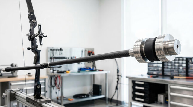 Precision archery bow with carbon fiber stabilizer undergoing testing in modern workshop, showcasing advanced engineering.