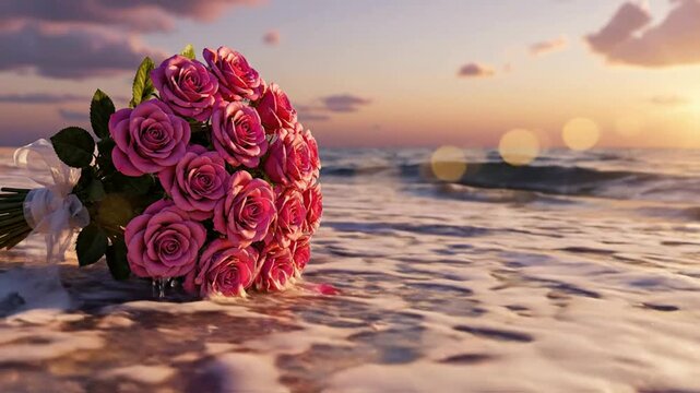 Romantic bouquet of pink roses on tropical beach at sunset with gentle ocean waves flowers