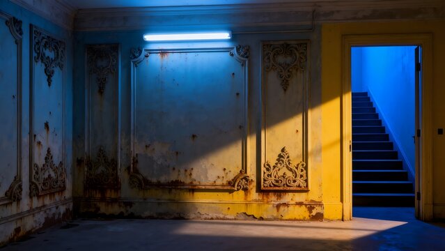 Old room with ornate walls and staircase