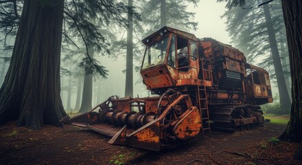 Fototapeta premium A rusted industrial harvester sits abandoned amidst ancient towering trees and thick fog, featuring heavy iron plating and oily gears, exhaust, oil, pipe
