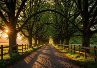 Fototapeta premium A serene old gravel path stretches between rows of majestic trees, featuring golden hour lighting and weathered wooden fences in a valley, countryside, light, valley