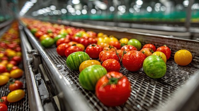 Fresh tomatoes being processed on a high-speed industrial belt within a large-scale commercial farming warehouse.