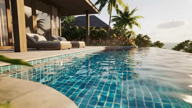 Luxury infinity pool at tropical resort with ocean view and exotic flowers at sunset luxury resort tropical paradise